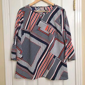 Chicos Red White Blue Geometric 3/4 Bell Sleeve Blouse Keyhole Neck Boxy Size M